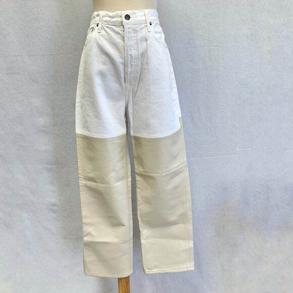 Agolde Pieced Pinch Waist 90's White Denim & Cream Leather Jeans size 29 - Picture 2 of 16